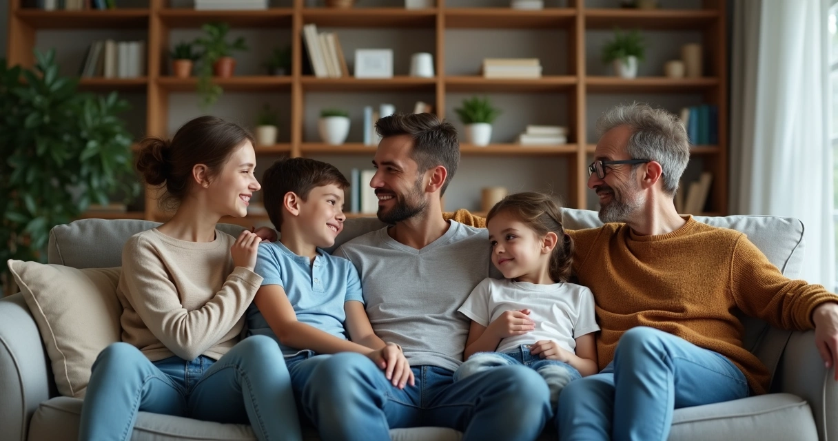Família sentada em sofá, cada um com expressão diferente, mostrando distância e conexão 