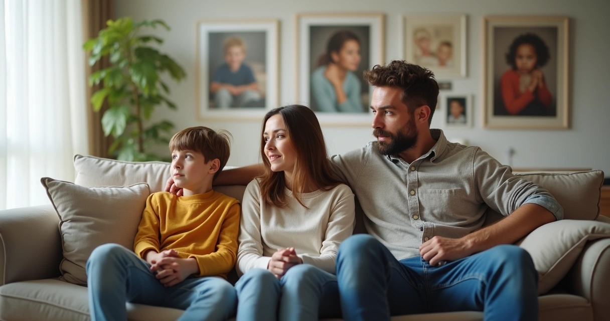 Padre, madre e hijo sentados juntos mirando hacia el vacío en una sala iluminada 