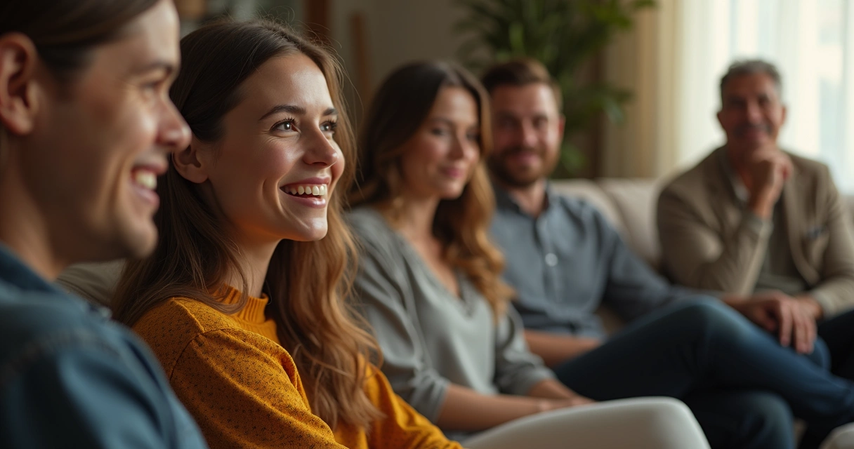 Personas en una sala familiar compartiendo emociones, algunos sonrientes y otros tensos 
