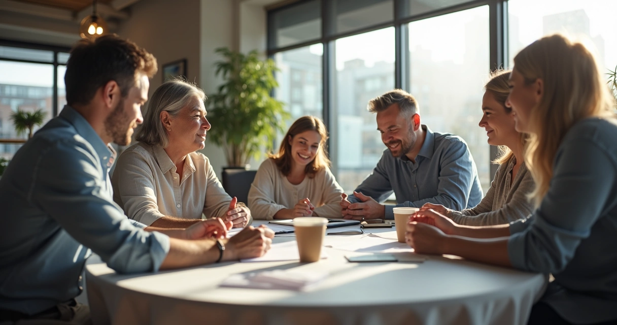 Familia reunida en sala de reuniones, con papeles y laptops, todos atentos mostrando decisiones empresariales
