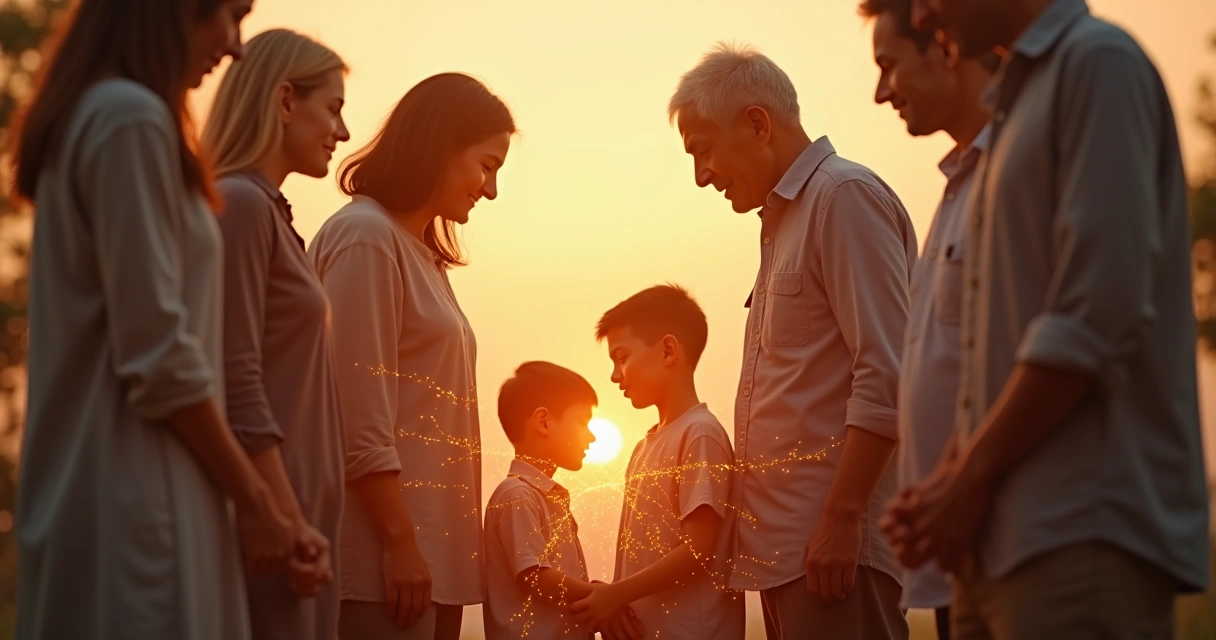 Representación simbólica de varias generaciones familiares conectadas por líneas invisibles. 