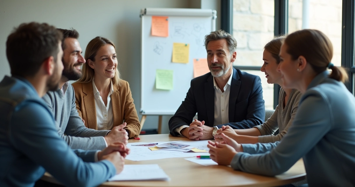 Equipe reunida em círculo trocando feedbacks 
