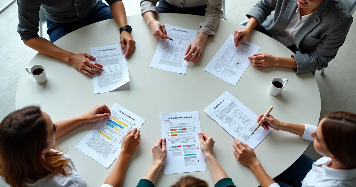 Personas dando feedback en mesa de trabajo de oficina 