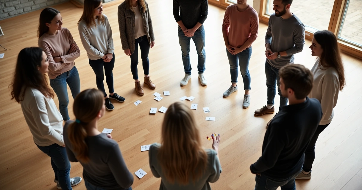 Personas formando círculo con tarjetas en el centro 