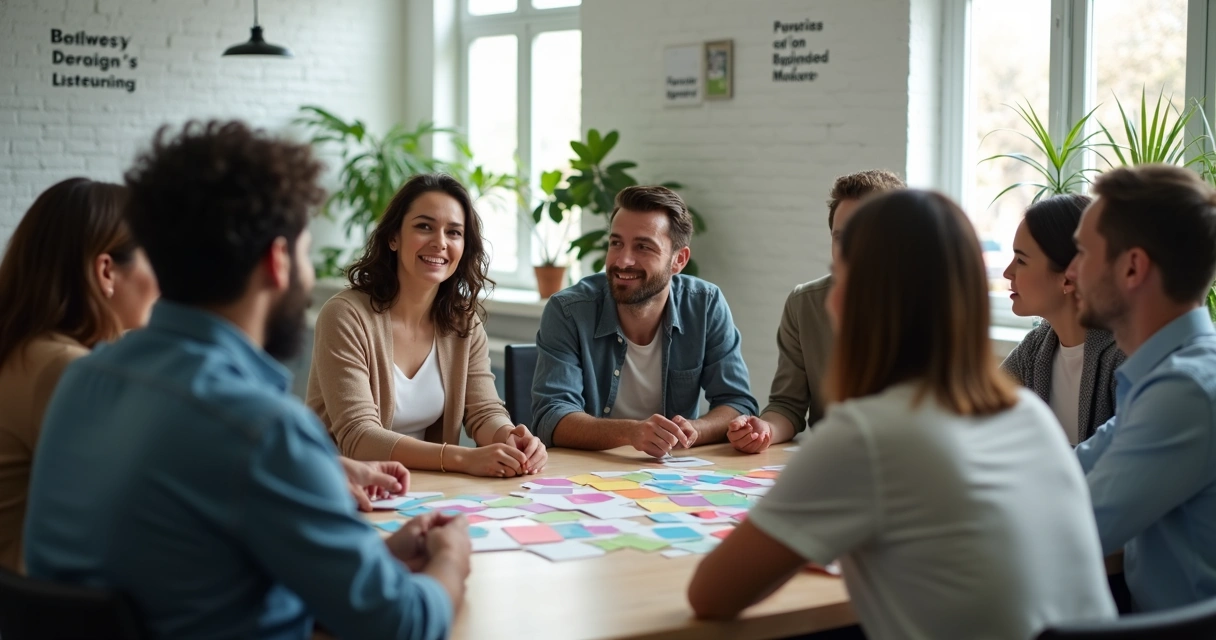 Dinámica grupal con personas colaborando y compartiendo ideas en círculo 