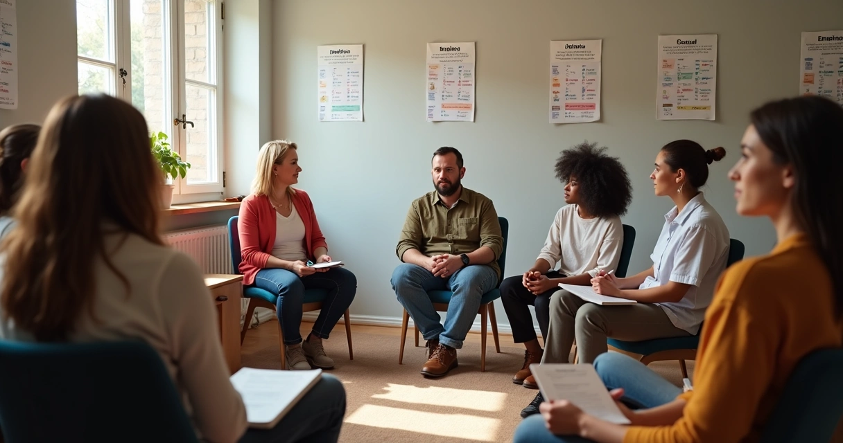 Dinámica grupal donde personas comparten emociones 