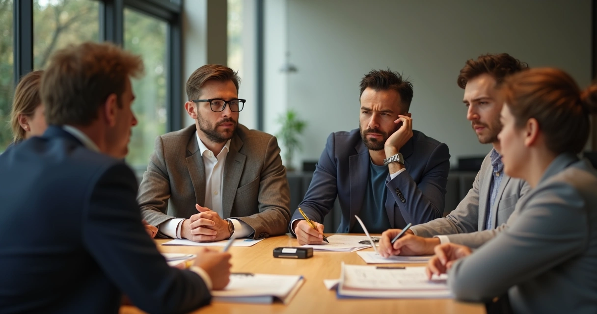 Diferentes expresiones faciales en reunión grupal 