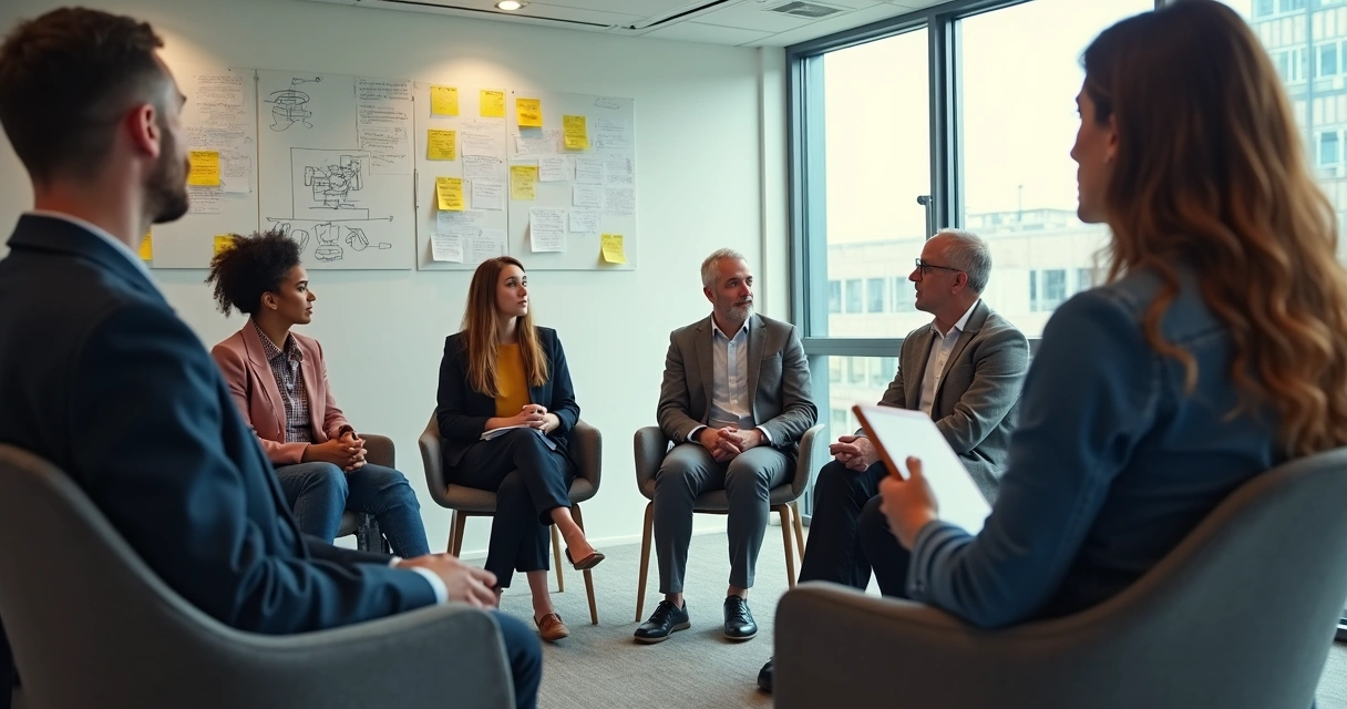 Personas sentadas en círculo conversando en una reunión de equipo