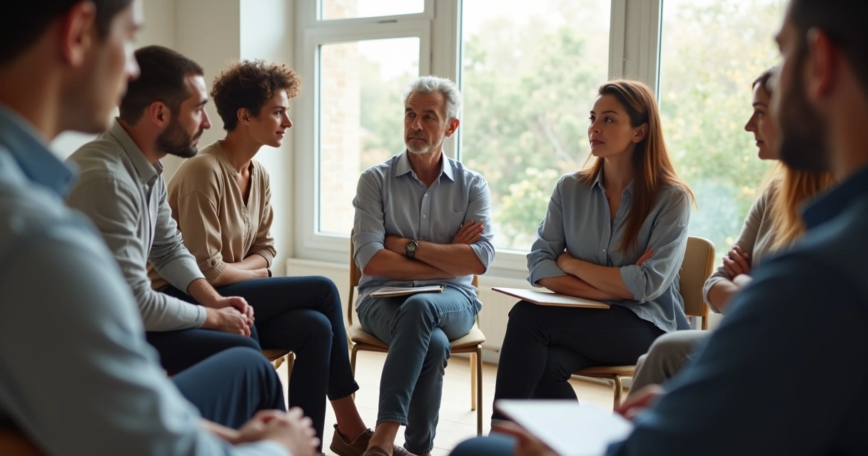 Personas en círculo conversando, algunas con expresión serena, otras pensativas