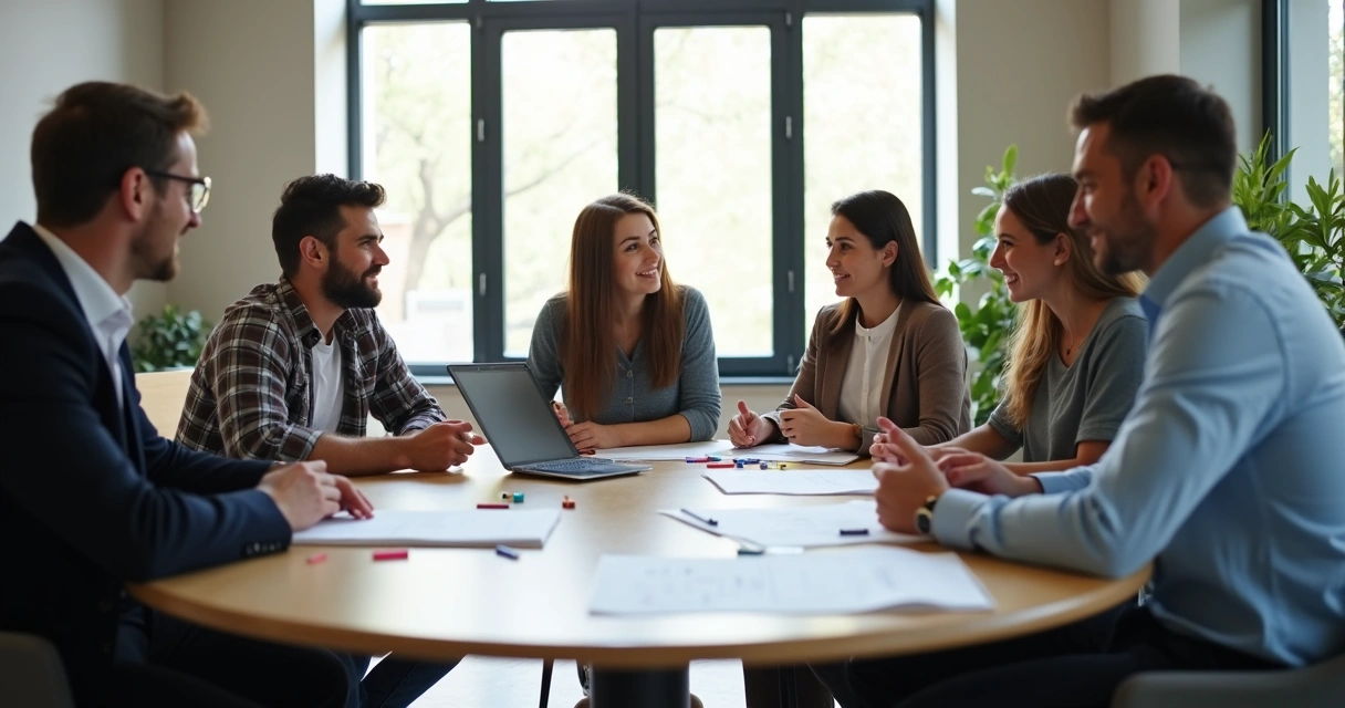 Ejercicio grupal en proceso de selección, personas colaborando en mesas
