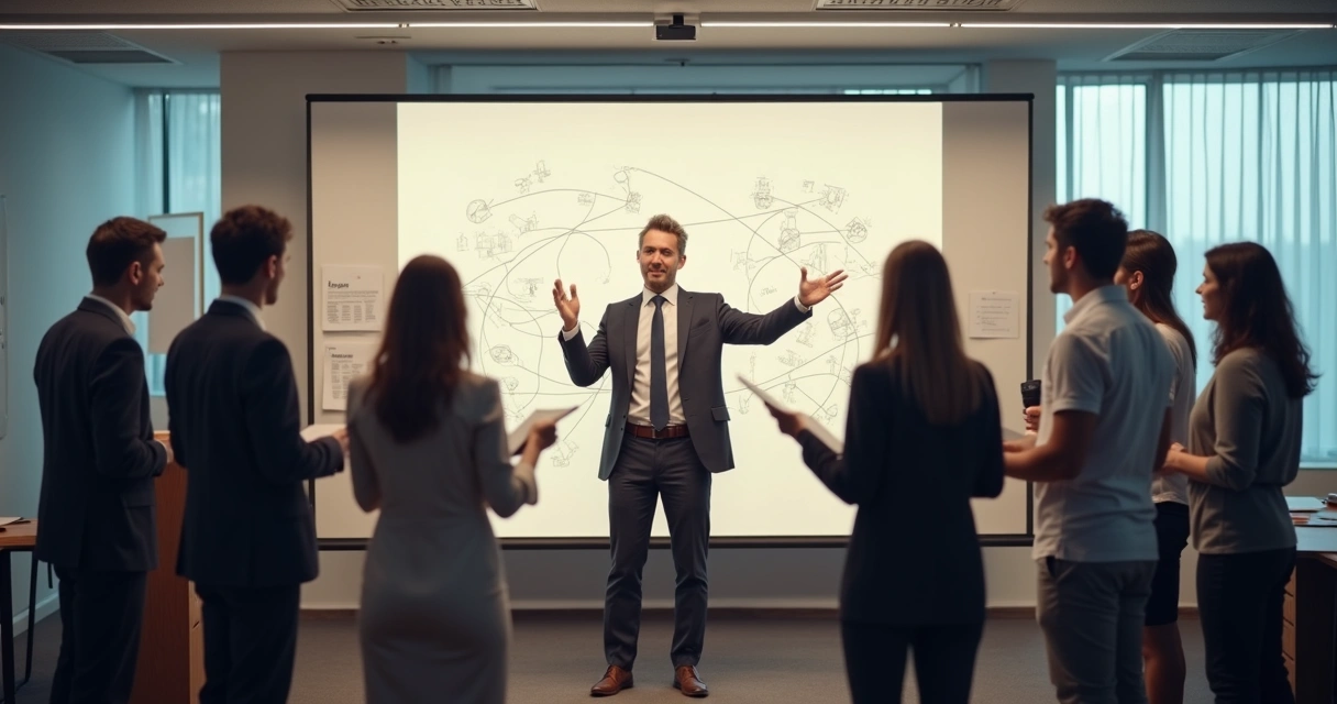 Facilitador guiando dinámica grupal en sala de reuniones 