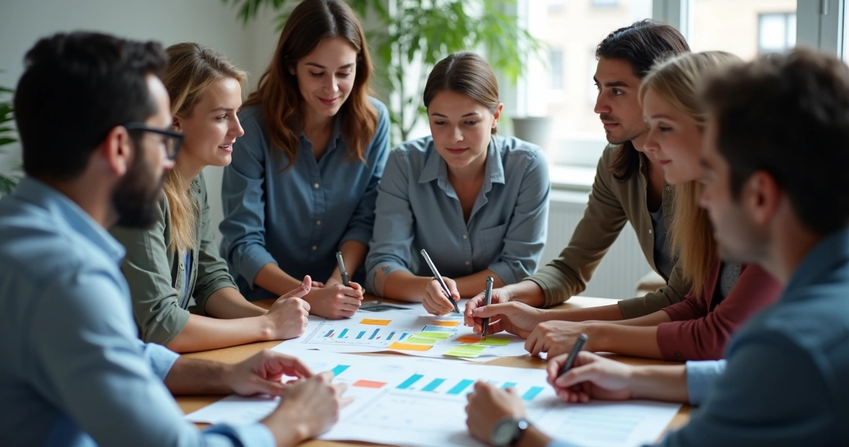 Personas en círculo trabajando en equipo, intercambiando ideas. 