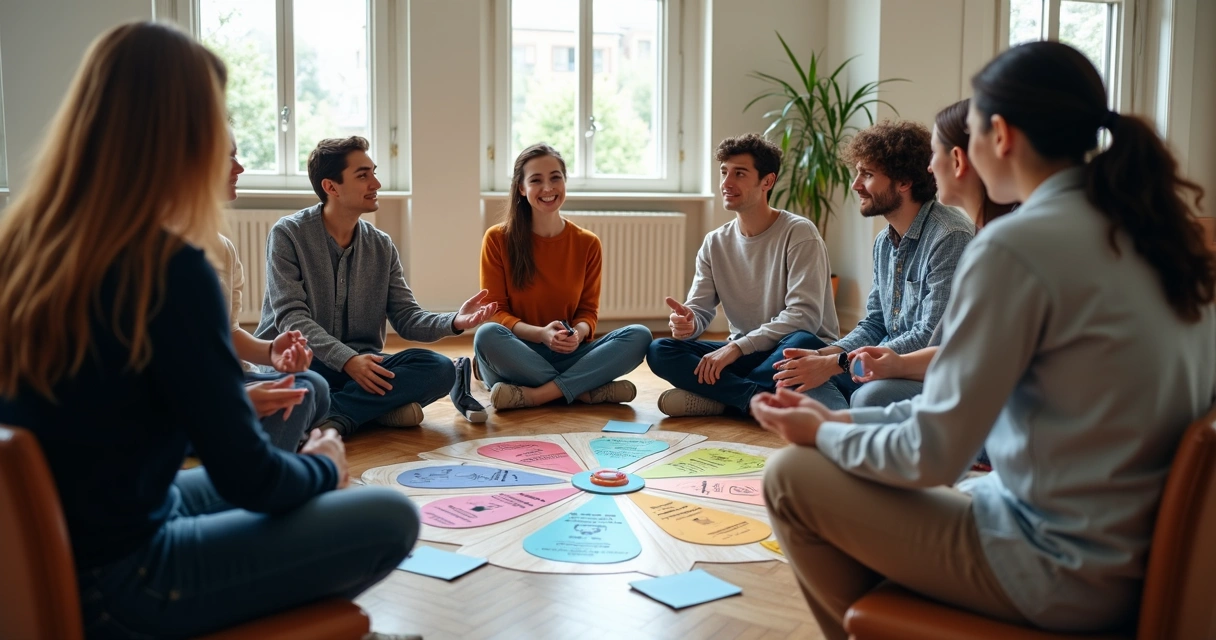 Equipe em círculo, interagindo com cartas e símbolos no chão 