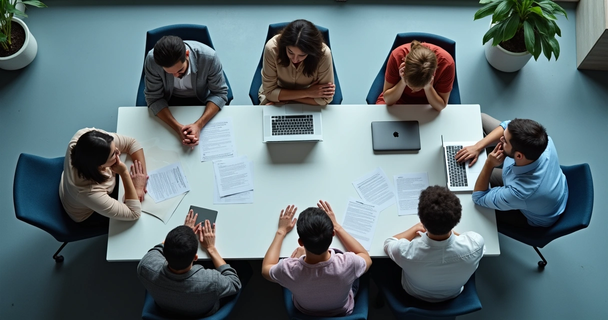 Personas sentadas alrededor de una mesa de reuniones, con expresiones serias, papeles desordenados y ambiente tenso 