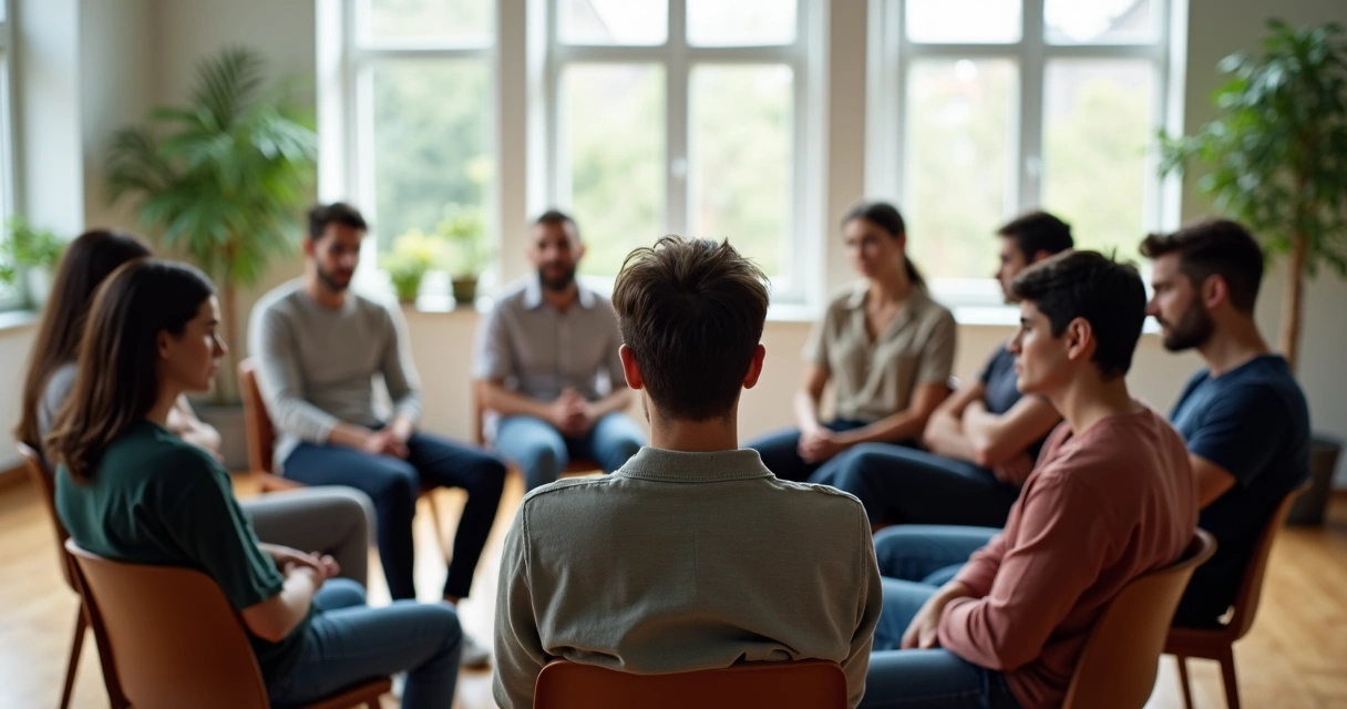Pessoas sentadas em círculo interagindo com expressões diversas de atenção e resistência 