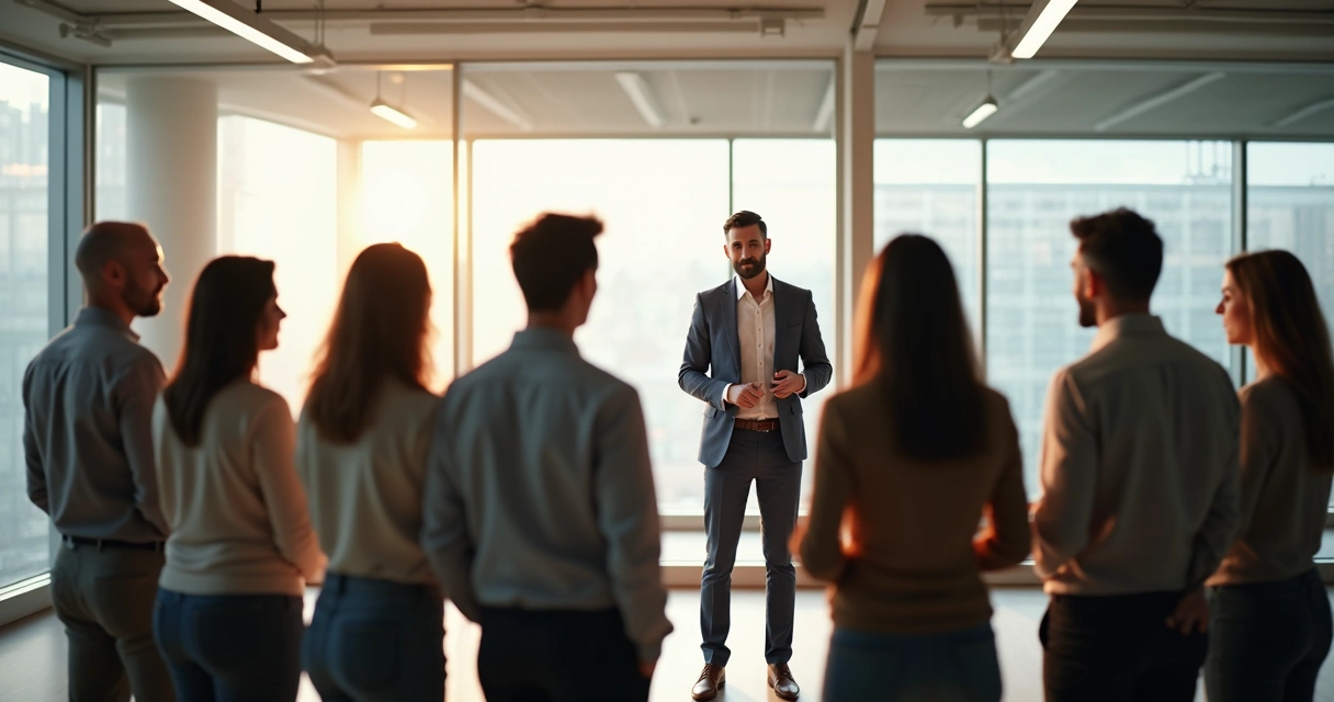 Pessoas em círculo em sala de reunião participando de dinâmica organizacional 