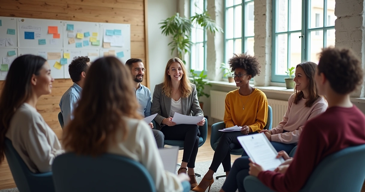 Equipe corporativa em dinâmica de grupo em sala de reuniões iluminada.