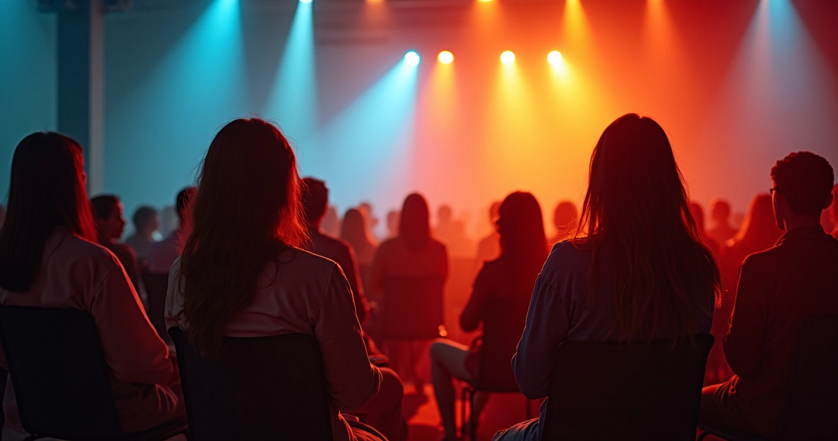 Sala com pessoas em círculo trocando ideias com cartazes 
