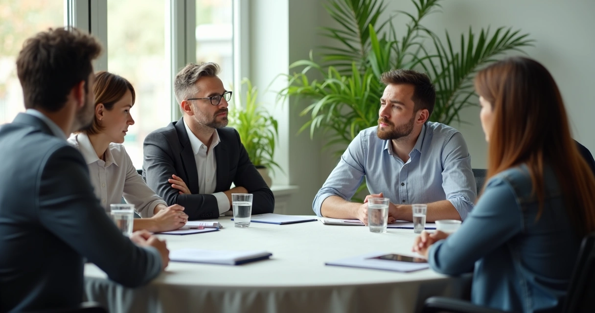 Grupo de cinco pessoas em debate, duas discordando das outras