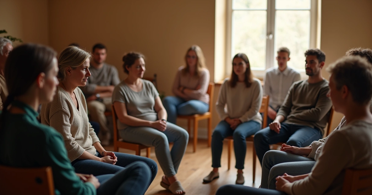 Pessoas em círculo, algumas olhando para o centro e outras olhando para si, em sala iluminada 