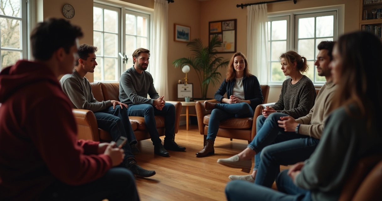 Pessoas em círculo em ambiente acolhedor conversando de forma aberta 