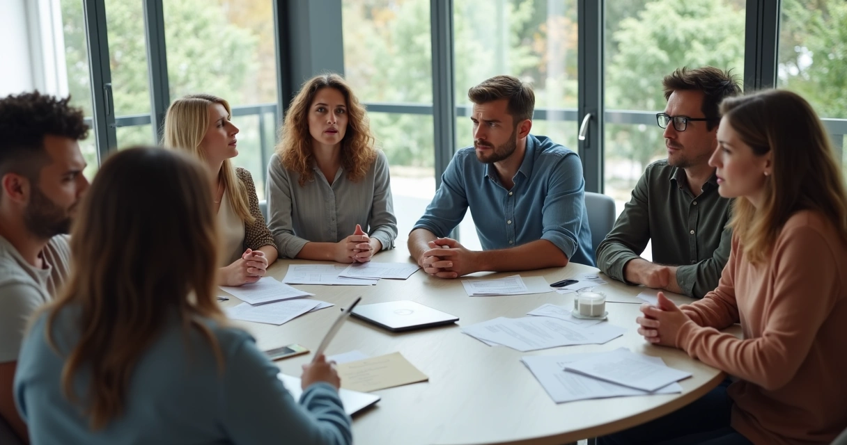 Personas en círculo mostrando varias emociones en una reunión de grupo 