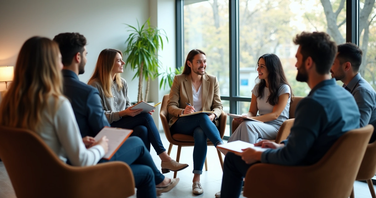 Dinâmica de grupo com colegas trocando ideias em círculo de cadeiras 
