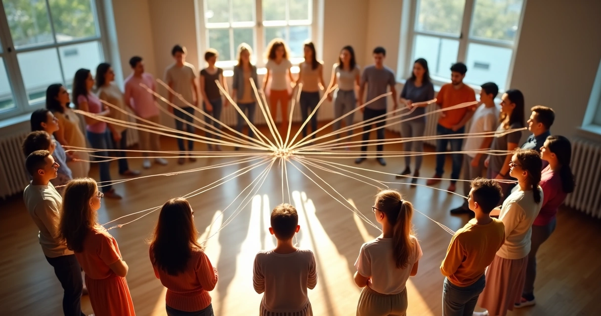 Pessoas em círculo seguram cordões coloridos formando teia no centro de sala, expressando conexão e interação 