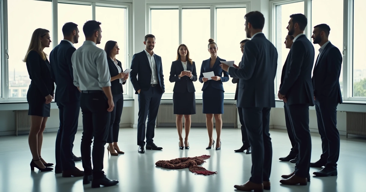Grupo empresarial participando de dinâmica sistêmica em sala iluminada