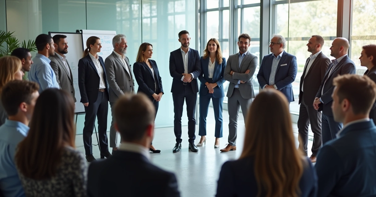 Profissionais reunidos formando círculo em ambiente de escritório, focados em dinâmica de grupo 