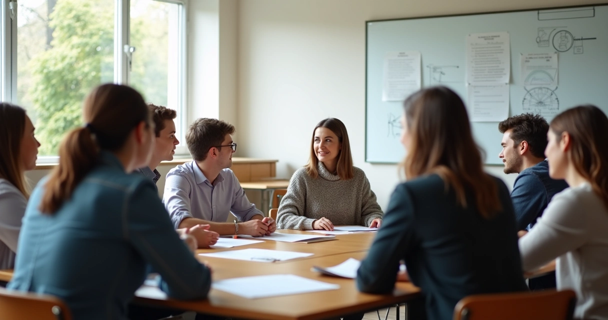 Grupo de professores e gestores sentados em círculo conversando em sala de reunião escolar 