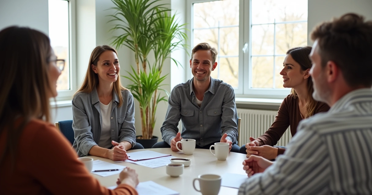 Grupo de personas sentadas en círculo compartiendo opiniones 