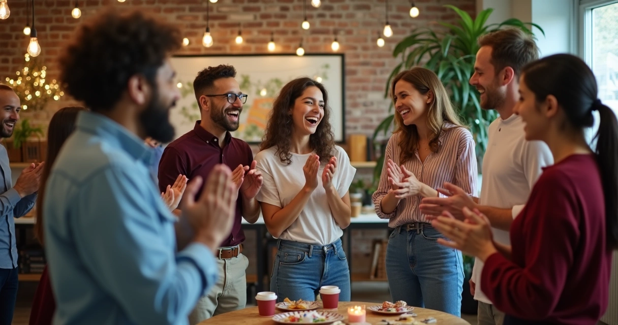 Grupo de colegas sorrindo durante dinâmica na confraternização 