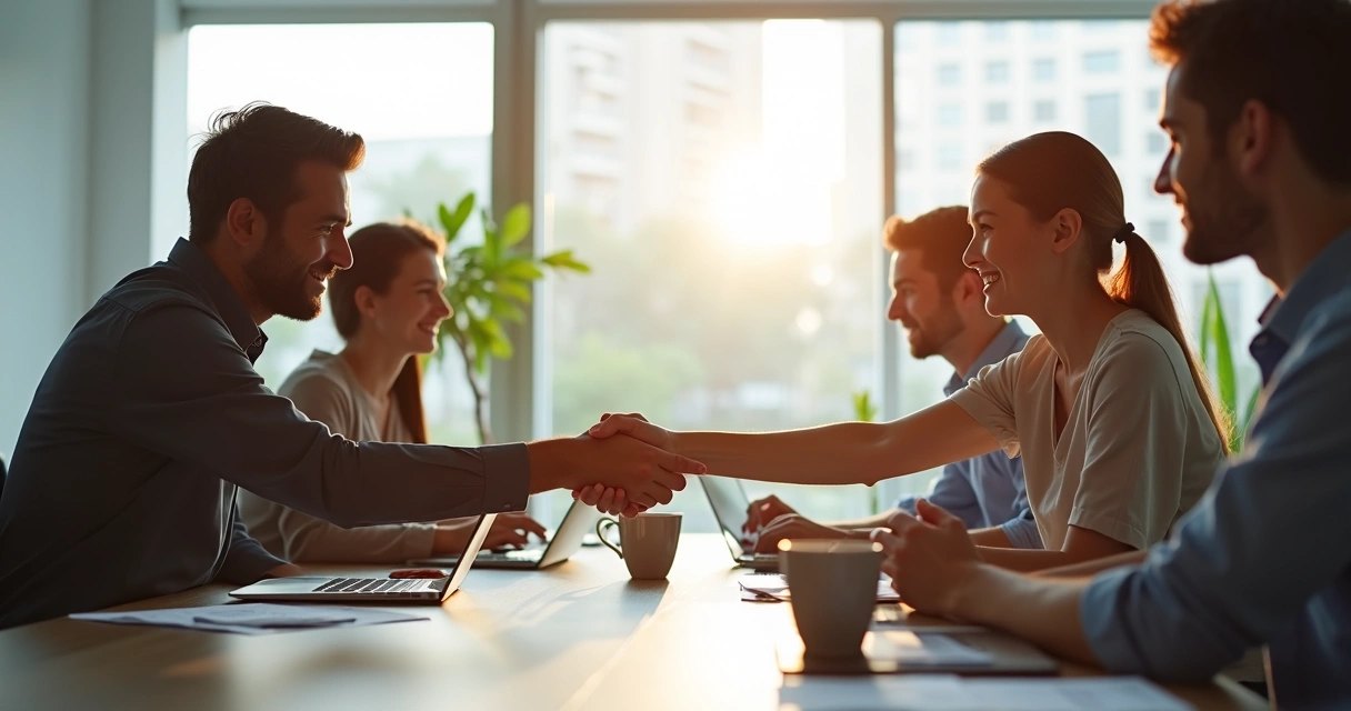 Duas pessoas apertando as mãos em um gesto de apoio em mesa de reunião 