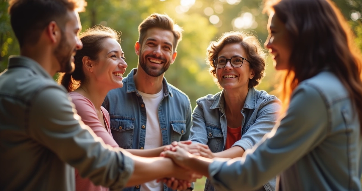 Participantes de uma dinâmica de grupo rindo e se cumprimentando 
