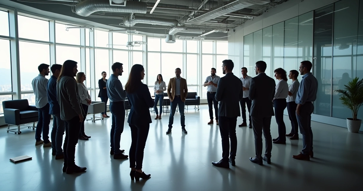 Personas reunidas en círculo en una sala de juntas, participando en una dinámica grupal