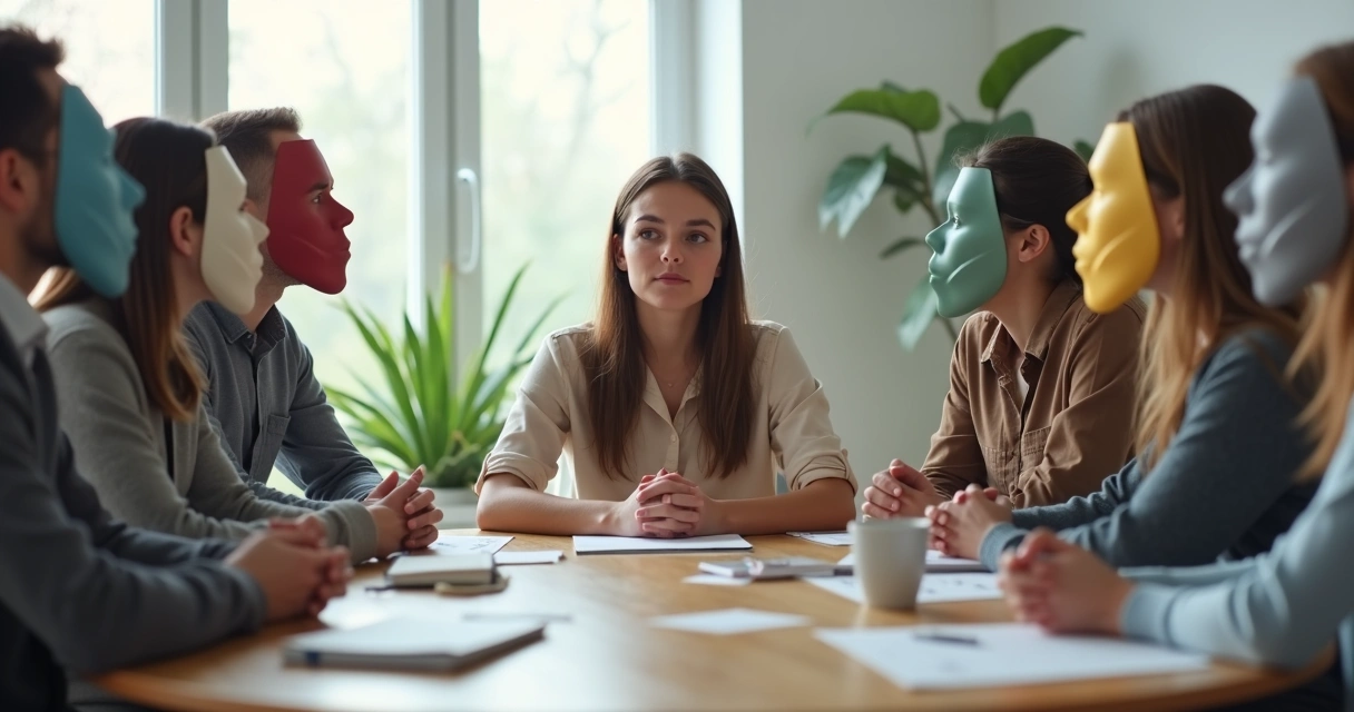 Pessoa cercada por grupo usando máscaras emocionais coloridas 