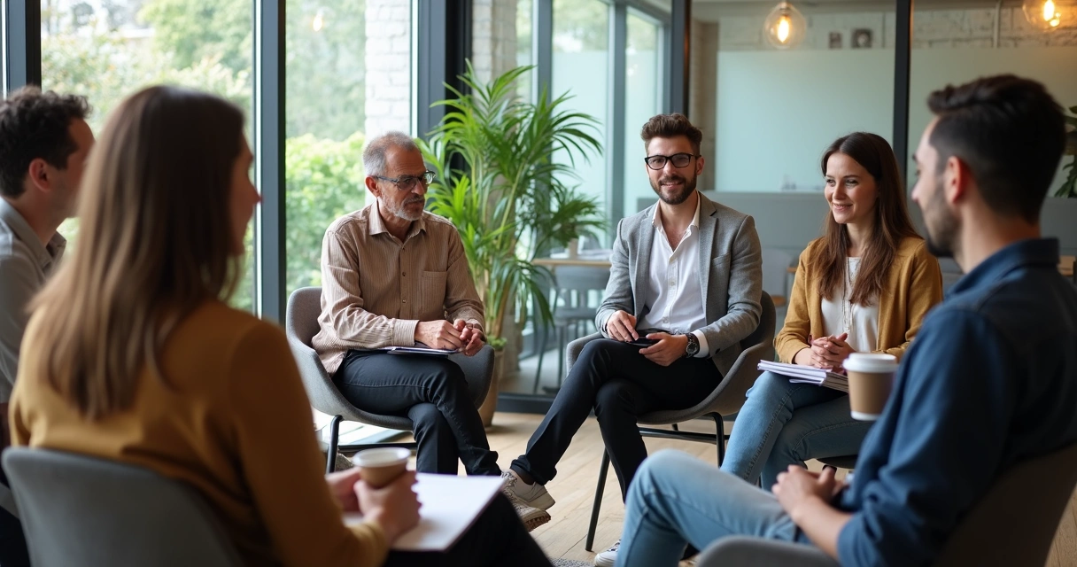 Grupo sentado em círculo trocando perguntas em um ambiente de escritório