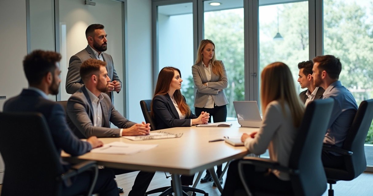 Grupo de profissionais em reunião de trabalho, interagindo ao redor de uma mesa