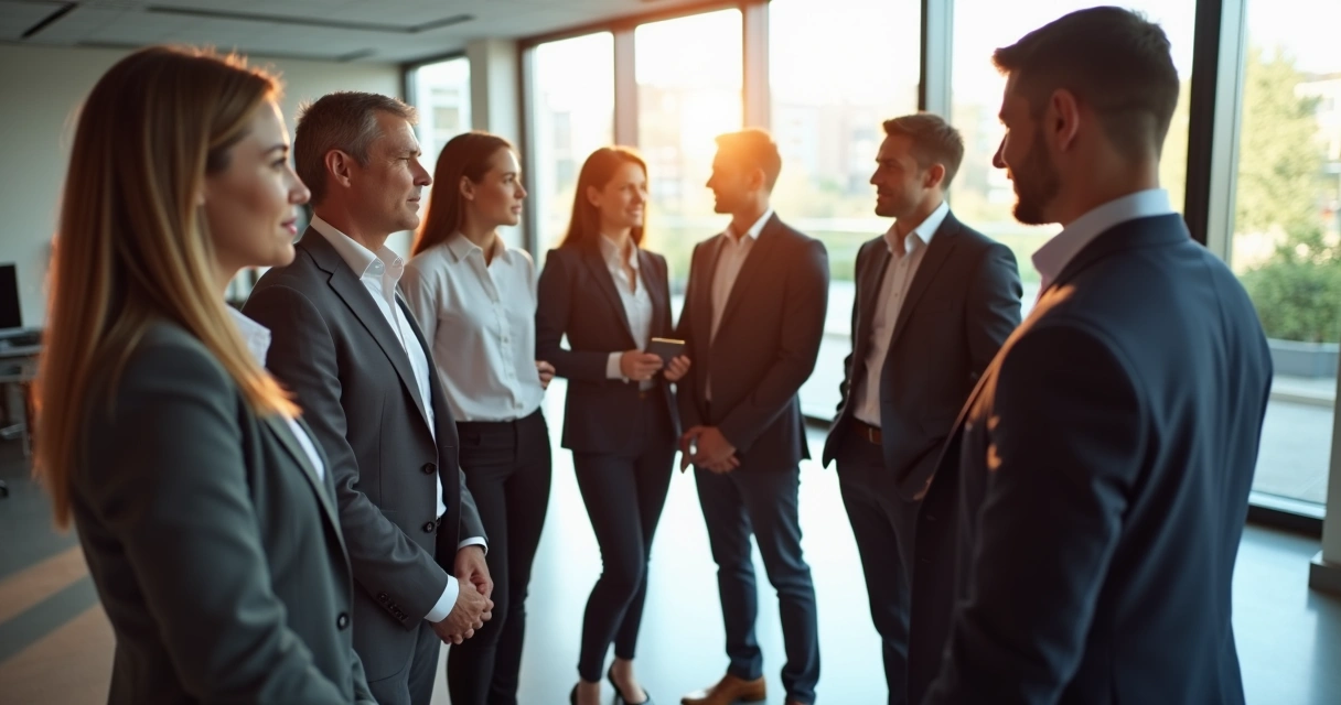 Personas formando un círculo en una oficina mirando el centro del grupo 