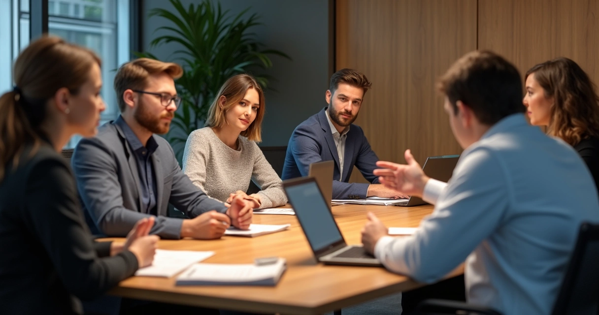 Grupo em reunião de trabalho interagindo sentados ao redor de uma mesa