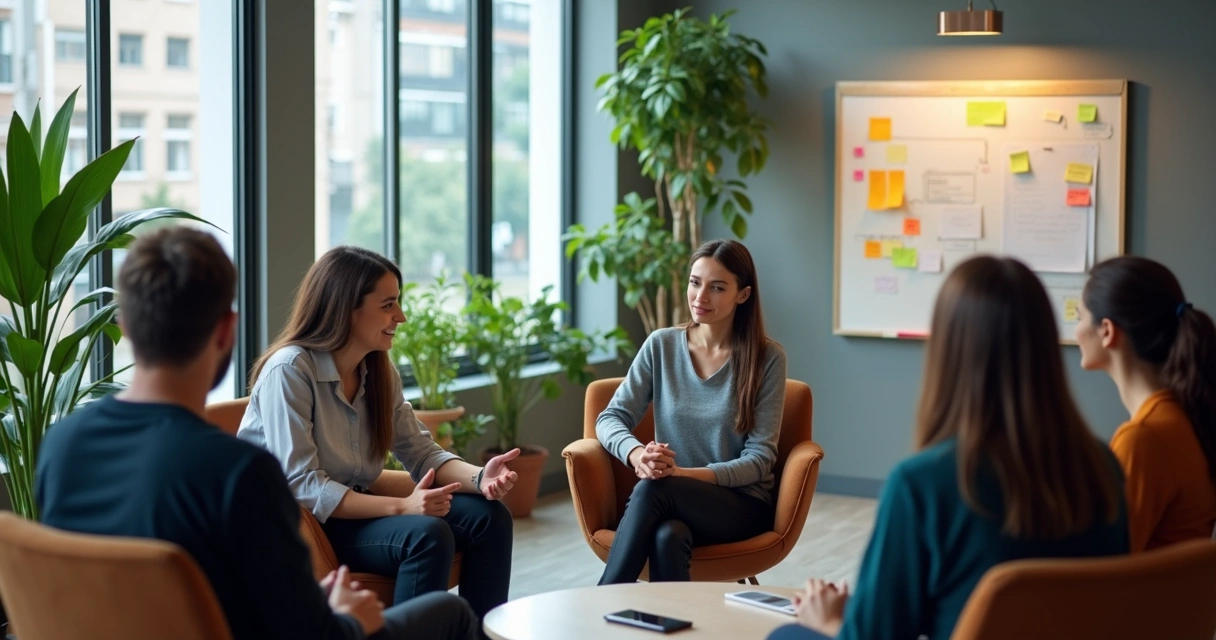 Grupo de trabalho em dinâmica de roda, pessoas compartilhando em ambiente profissional tranquilo 