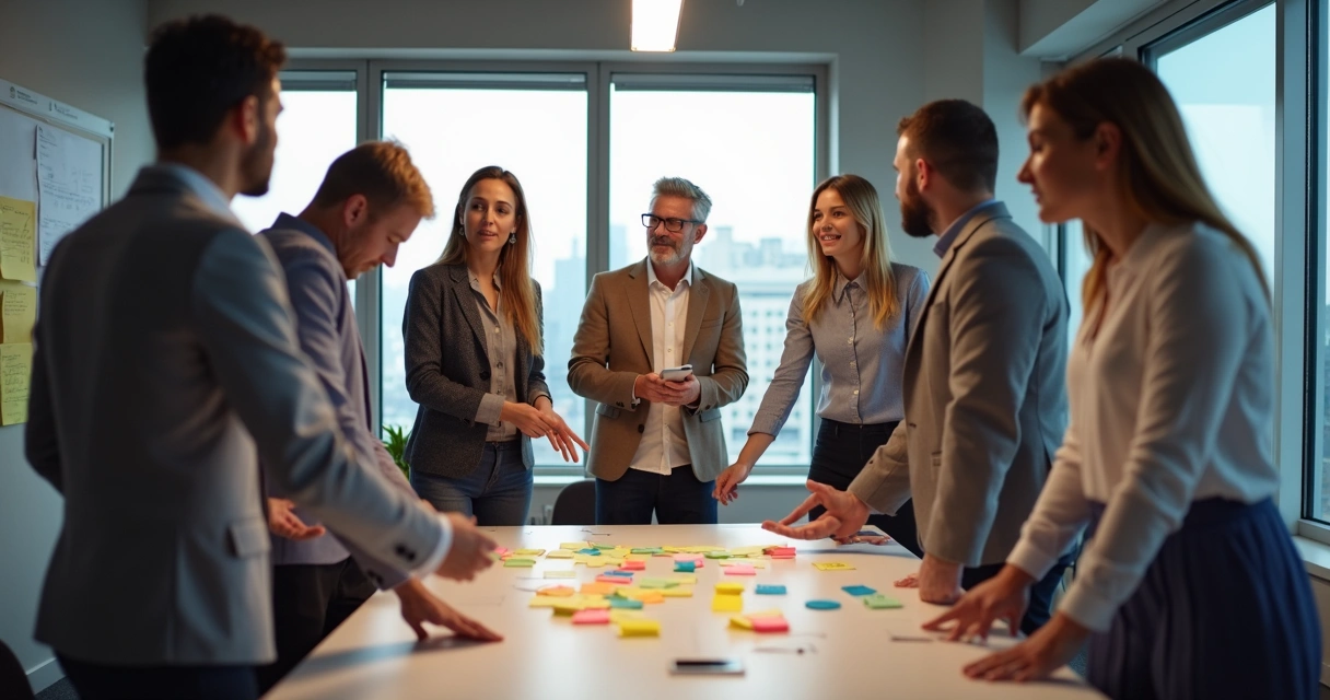 Colaboradores realizando dinâmica em grupo em sala de reunião