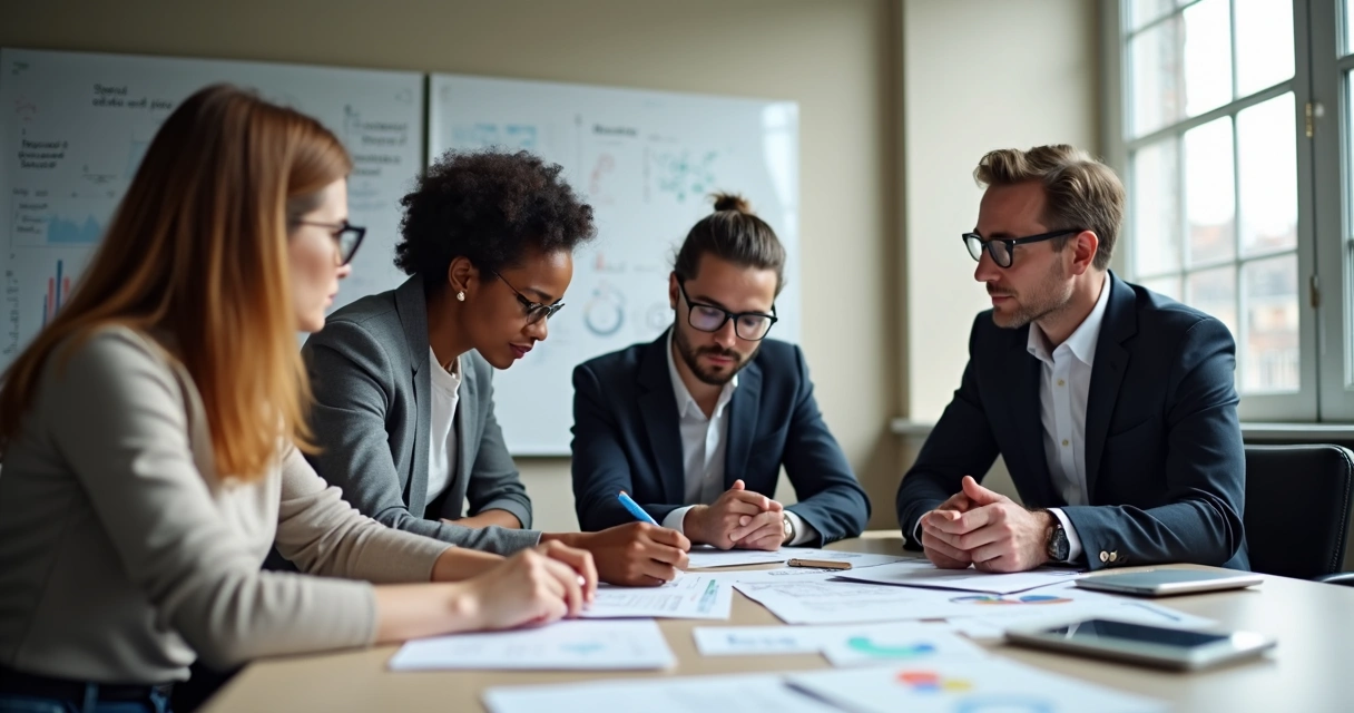 Grupo de pessoas em reunião de trabalho olhando papéis juntos 