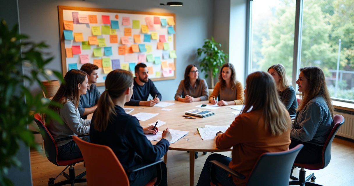 Equipe de trabalho realizando dinâmica de reflexão sobre padrões