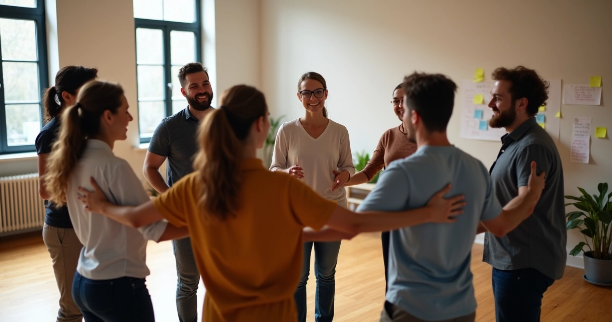 Pessoas participando de dinâmica de integração em círculo.