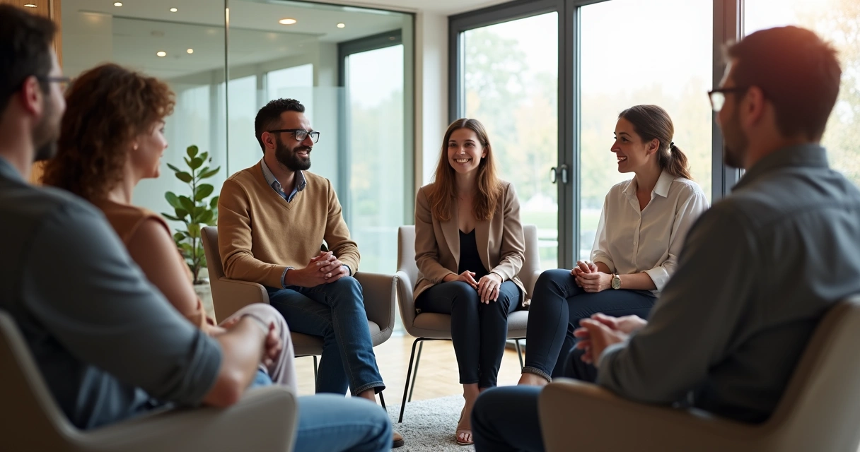Grupo de pessoas diversas conversando em círculo numa sala de reunião iluminada 
