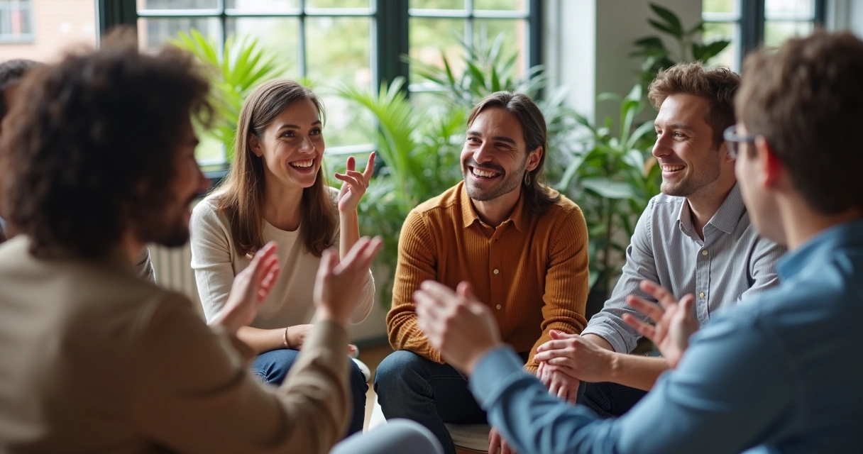 Equipe realizando dinâmica coletiva, sentados em círculo 