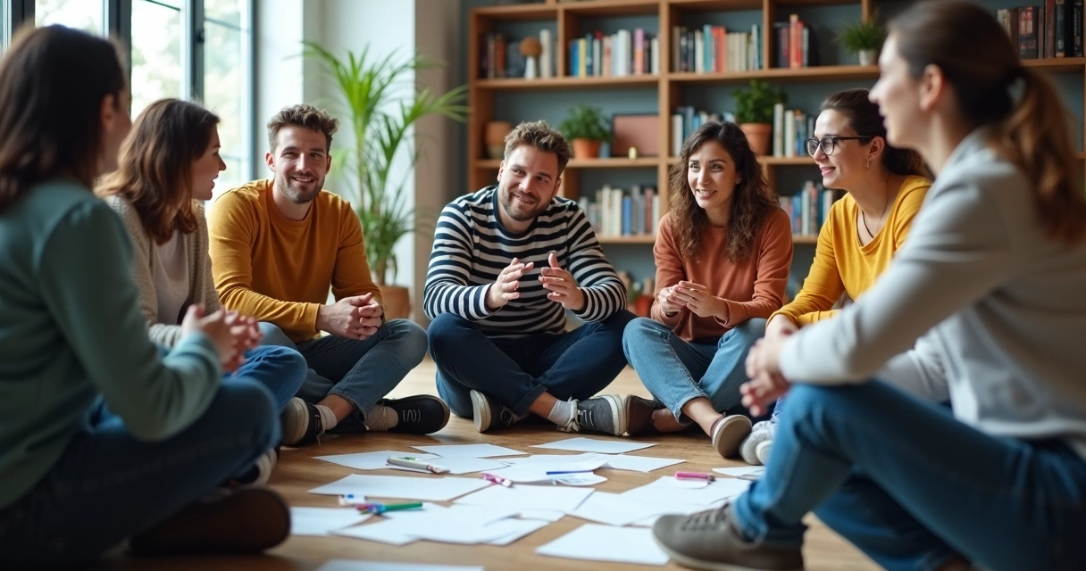Dinâmica de grupo com pessoas conversando em círculo