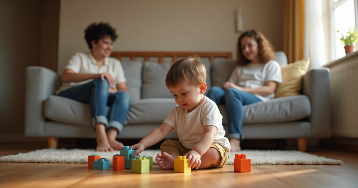 Hijo único jugando solo en la sala de una casa, padres sentados detrás observando 